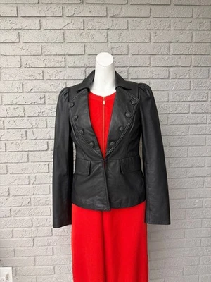 INC International Concepts Women Black Military Leather Jacket Size S - Image 1 of 4