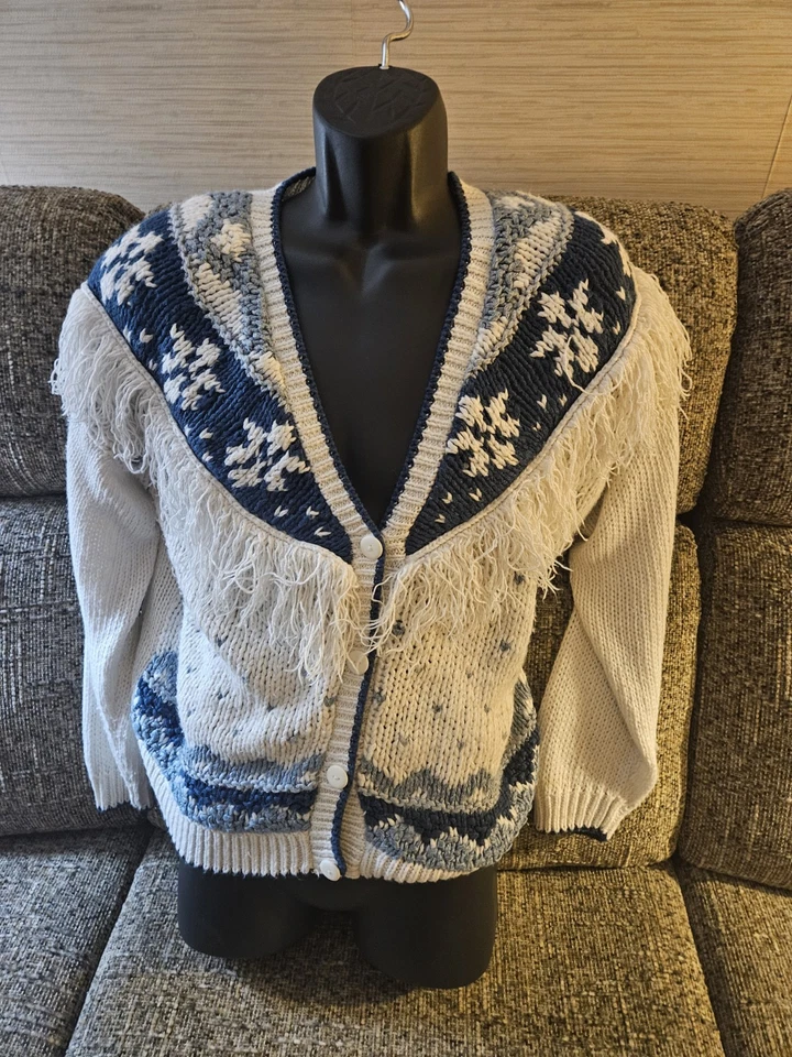 Cárdigan Suéter Western Vintage Años 80 L Azul Crema Flecos Tejido a Mano Abotonado Foto 1 de 4