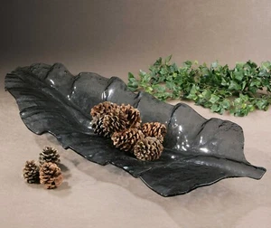 Uttermost 19862 Smoked Leaf Curved Glass Tray in Dark Gray - Picture 1 of 3