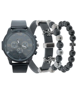 Men's Gun Metal Case Watch, Black Strap Watch, & Assorted Stackable Bracelets - Picture 1 of 3