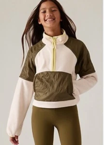 Girl’s Athleta Fleece Top 1/2 Zip Cream/Olive Nylon Accent Sz S - Picture 1 of 17