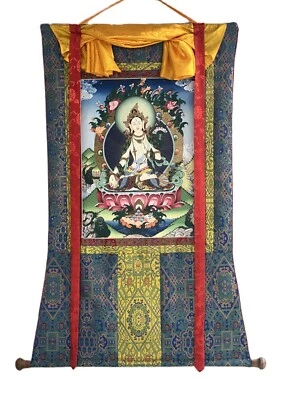 IMPRESIÓN DIGITAL GICLEE TARA TIBETANA THANGKA BLANCA CON BROCADO DE SEDA PREMIUM Foto 1 de 4
