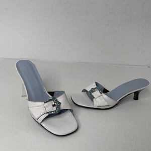 Donald J Pliner Couture Katz White Sz 7 1/2 M Sandal With Turquoise Stone Buckle - Picture 1 of 10