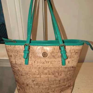 Anne Klein Women's Cork Tote Bag Green Accents Adjustable Shoulder Straps NWOT - Picture 1 of 8