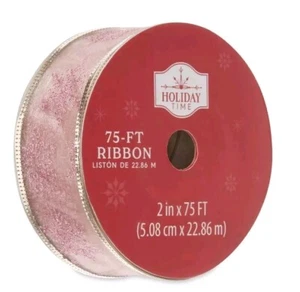 New Holiday Time Pink Wired Glitter Snowflakes Ribbon 2" x 75 ft  - Picture 1 of 5