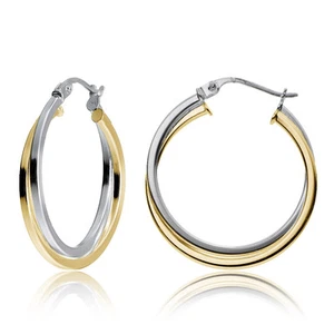 Yellow Gold Flashed Silver Two-Tone Intertwining Square Tube Hoop Earrings, 25mm - Picture 1 of 4