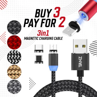 USB Cable 3 in 1 Magnetic Fast Sync Charger Charging All Phones Micro IOS Type-C - Image 1 of 4