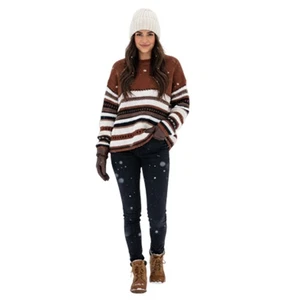 Elsamdna Athropologie Brown Striped Chunky Knit Sweater Size L - Picture 1 of 8
