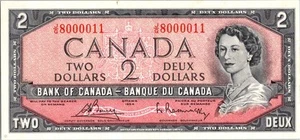 VINTAGE CANADA BANKNOTE 1954 2 DOLLAR PREFIX JG NO387 - Picture 1 of 2