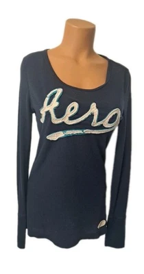 Camisa térmica de manga larga Aeropostale para mujer azul tejido gofre Aero 1987 grande Foto 1 de 4