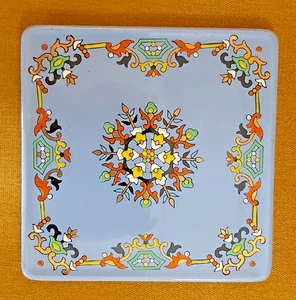 Emaille Untersetzer von Longwy "CHARTRES " quadratische Form auf azurblauem & goldfarbenem Hintergrund - Bild 1 von 9