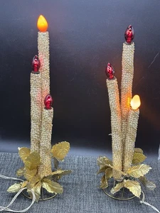 Vintage Mirostar? Candelabra Lamp Gold 3 Tier Wire Mesh W/Gold Leaves Set Of 2 - Picture 1 of 12