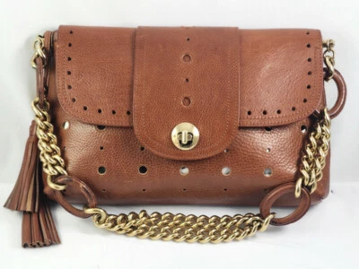 Cartera de cuero marrón Marc Jacobs dorada doble cadena correas borlas cierre giratorio LEER Foto 1 de 4