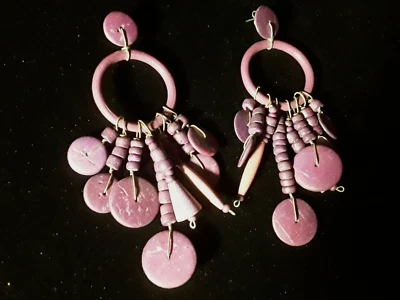 Purple hanging chunky post earrings. Lightweight wood shapes. - Image 1 of 3