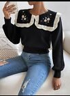 Floral Embroidery Contrast Trim Statement Collar Lantern Sleeve Sweater Size M