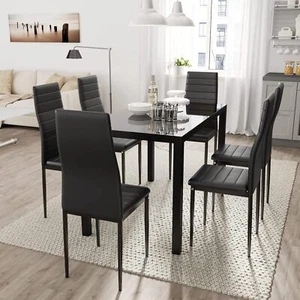 Modern Glass Dining Table and 4/6 Chairs Faux Leather Kitchen Lounge Furniture - Picture 1 of 16