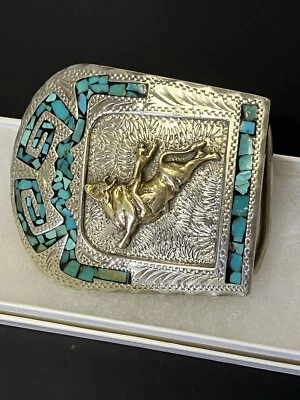 Vintage Handmade Turquoise And Silver With Gold Bucking Bull With Rider,  - Image 1 of 4