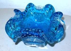 VINTAGE ITALIAN MURANO BLUE BULLICANTE BUBBLES ART GLASS BOWL MID CENTURY MCM - Picture 1 of 9