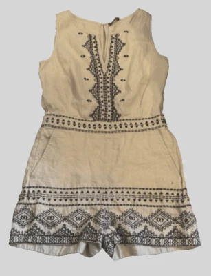 Ann Taylor Loft Romper Womens 4P Beige Black Linen Embroidered Boho Side Zip - Image 1 of 4