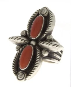 High Grade Natural Mediterranean Coral Ring By Navajo Artist Calvin Martinez - Picture 1 of 4