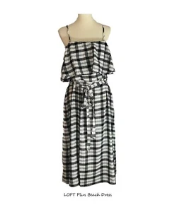  LOFT schwarz weiß Strand Plus Gingham Volant-Krawatte Taillenkleid 16_18_20 neu mit Etikett - Bild 1 von 10