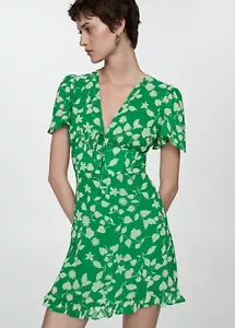 Mango Green Floral Chiffon Short Sleeve Flowy 'Ronaldo' Dress Size M UK 10 - Picture 1 of 11