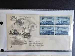 1948 Swedish Pioneers, Scott 958, Block Of Four 5c Stamp FDOI - Picture 1 of 1