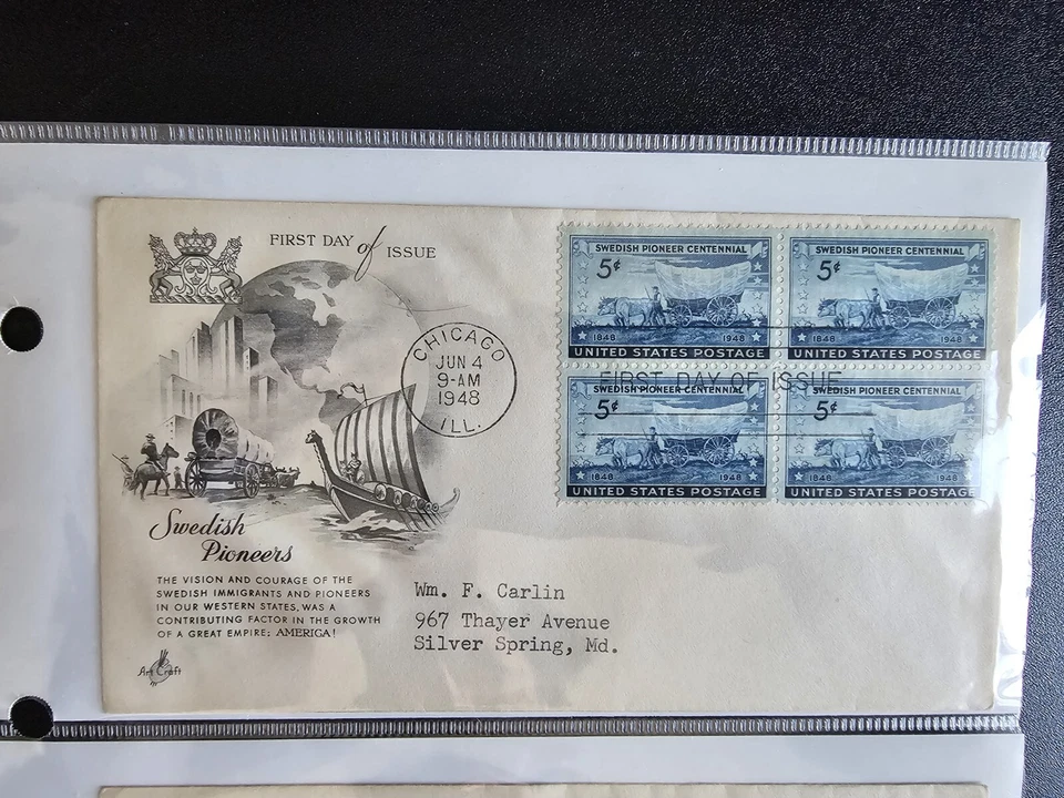 1948 Swedish Pioneers, Scott 958, Block Of Four 5c Stamp FDOI - Image 1 of 1