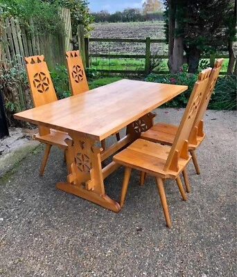 Brutalist vintage table & chairs 1960s solid oak arts and crafts - Image 1 of 4