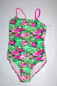 Girls ONE PIECE Swim Suit GREEN PINK BLACK Abstract Camo AZTEC Diamond  S 6-6X - Picture 1 of 2