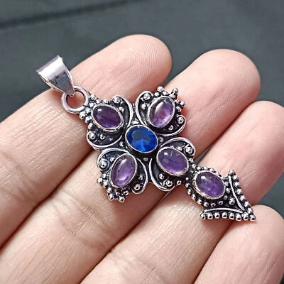 Ciondolo croce da uomo in argento sterling 925 con ametista viola e tanzanite - Immagine 1 di 4