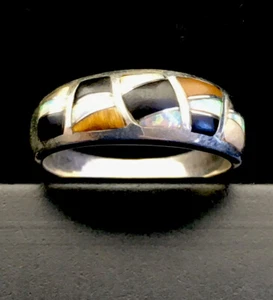 Navajo Sterling Silver Opal Onyx & Tigers Eye Inlay Ring Size 11 01602 - Picture 1 of 12