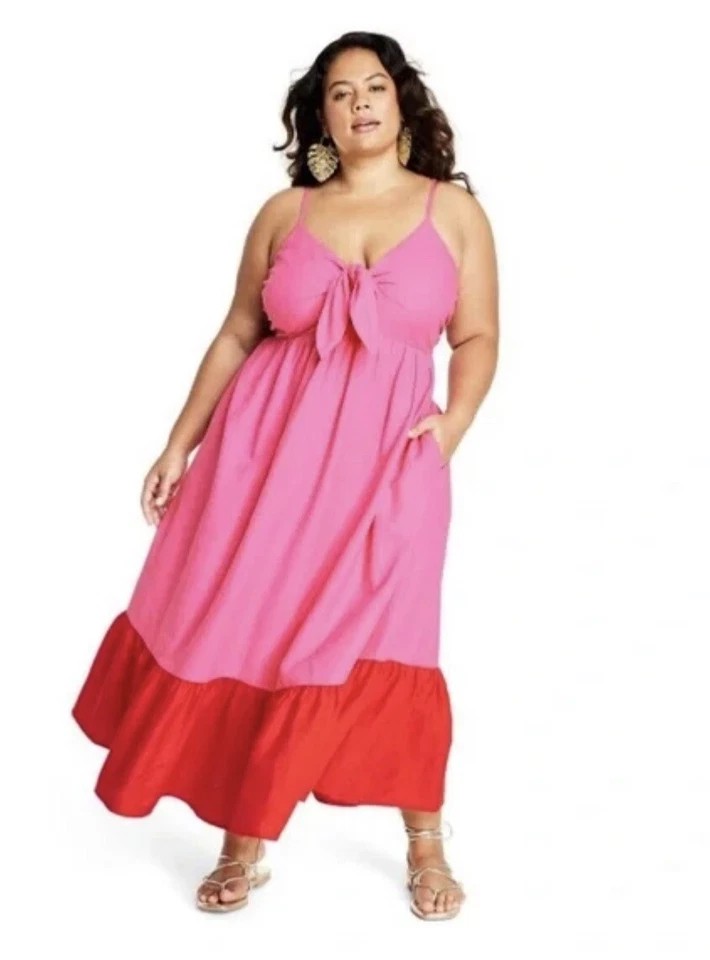 Tabitha Brown Pink Red Sleeveless Tie Front Midi Dress Size 4X