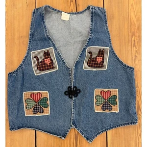 Handmade Denim Vest Women Embellished Patchwork Clover Cat Size M/L Cottagecore - Picture 1 of 4