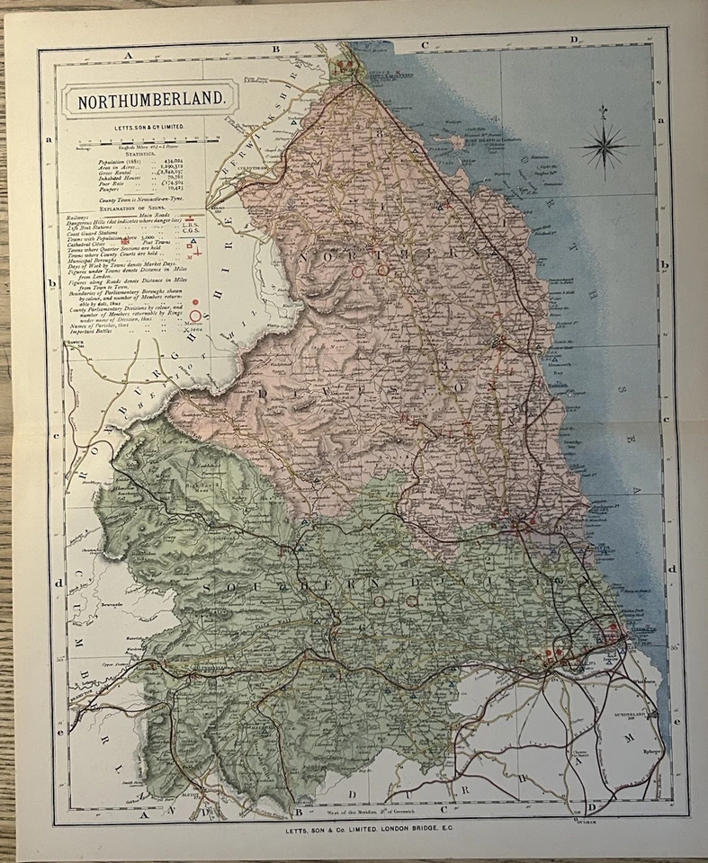 1884 Northumberland Original Antique County Map by Letts - Image 1 of 3