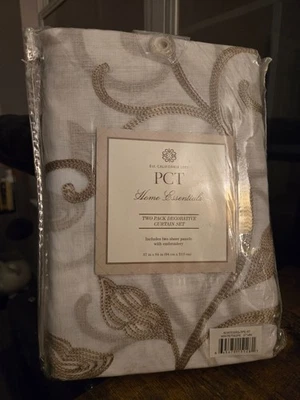 PCT Home Essentials, 2 Pk Decorative Curtain Set, NEW, 37" x 84 ", White/Taupe - Image 1 of 2