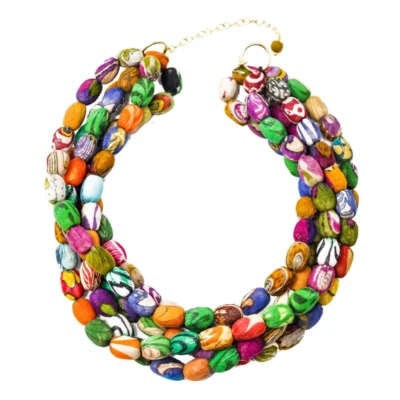 Collar de Comercio Justo Collar Distintivo 4 Hilos Cuentas Kantha Recicladas Hecho a Mano Foto 1 de 4