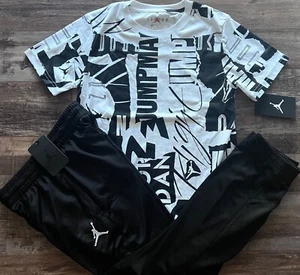NWT Nike Air Jordan Boys YLG Black/White All Over Print Pants Set Large - Picture 1 of 5