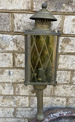 Antique Wall Mounted Outdoor Light Fixture Cottage Vintage Amber Glass Metal Cover