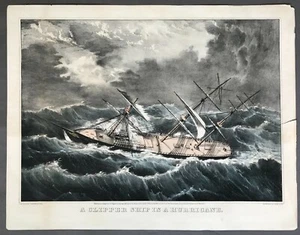[Currier & Ives] Handkolorierte Lithographie Ein Klipperschiff im Hurrikan 1855  - Bild 1 von 7
