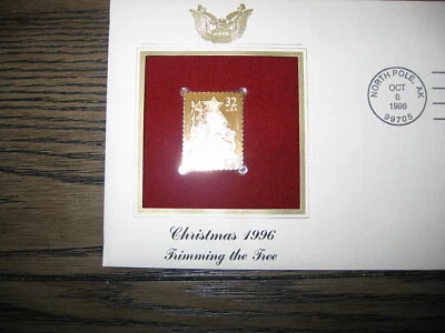 CHRISTMAS TRIMMING THE TREE 1996 replica Gold GOLDEN Cover STAMP FDC - Image 1 of 3