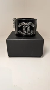 Chanel Black Resin Crystal CC Cuff Bracelet *Pre Owned* FREE SHIPPING - Picture 1 of 8