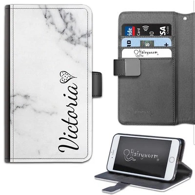 Personalised Black Name On Grey Marble PU Leather Wallet Flip Phone Case - Image 1 of 4