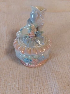 Vintage Porcelain Trinket Box Iridescent Boot & Floral Pink Trim. - Picture 1 of 9