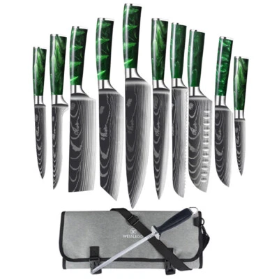12PC Green Japanese Kitchen Knives Laser Damascus Pattern Chef Knife Set