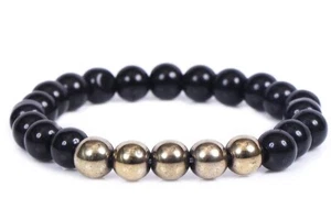 Black Tourmaline Bracelet With Five Golden Pyrite Stone Crystal 8 MM - Picture 1 of 4