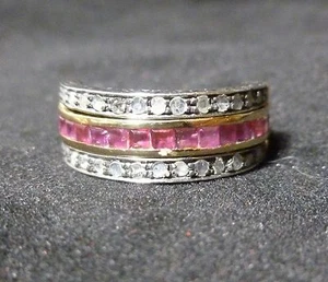  ANILLO ABATIBLE DE ORO Y PLATA ESTERLINA 14K DE ZAFIROS, DIAMANTES Y RUBÍES - Imagen 1 de 12