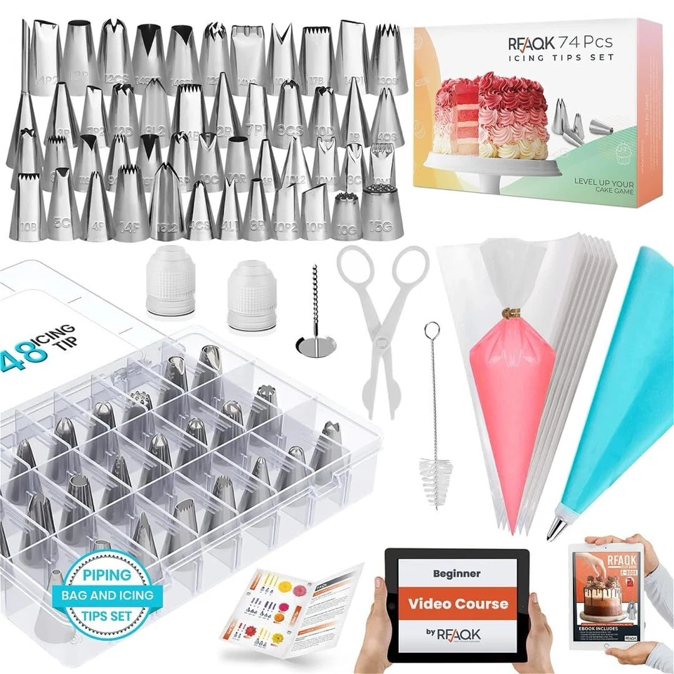 Cake Decorating Set Piping Bags Tips Numbered Pastry With Pattern Chart 74 Pcs