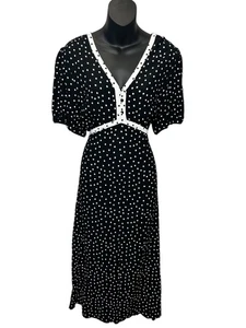 M&S BLACK DRESS SIZE UK 16 VISCOSE WOMENS SHORT SLEEVE WHITE POLKA DOT BELTED - Picture 1 of 7