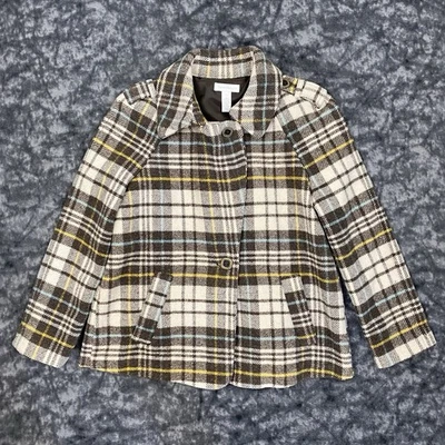 Abrigo de lana Charter Club para mujer talla pequeña tweed marrón a cuadros botones bolsillo Foto 1 de 4